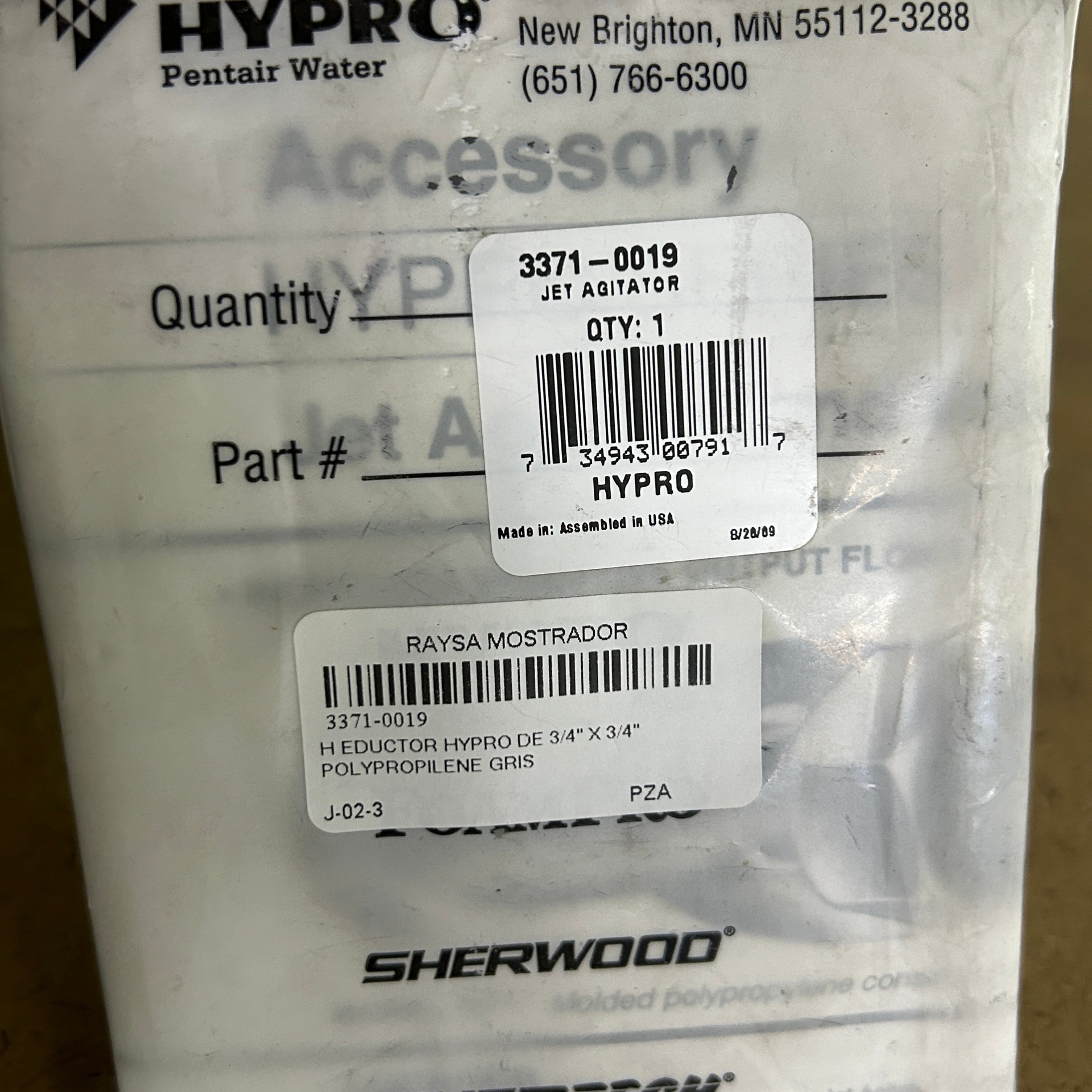 HYPRO 3371-0019 Eductor Jet Agitator 3/4" x 3/4" Polipropileno Gris